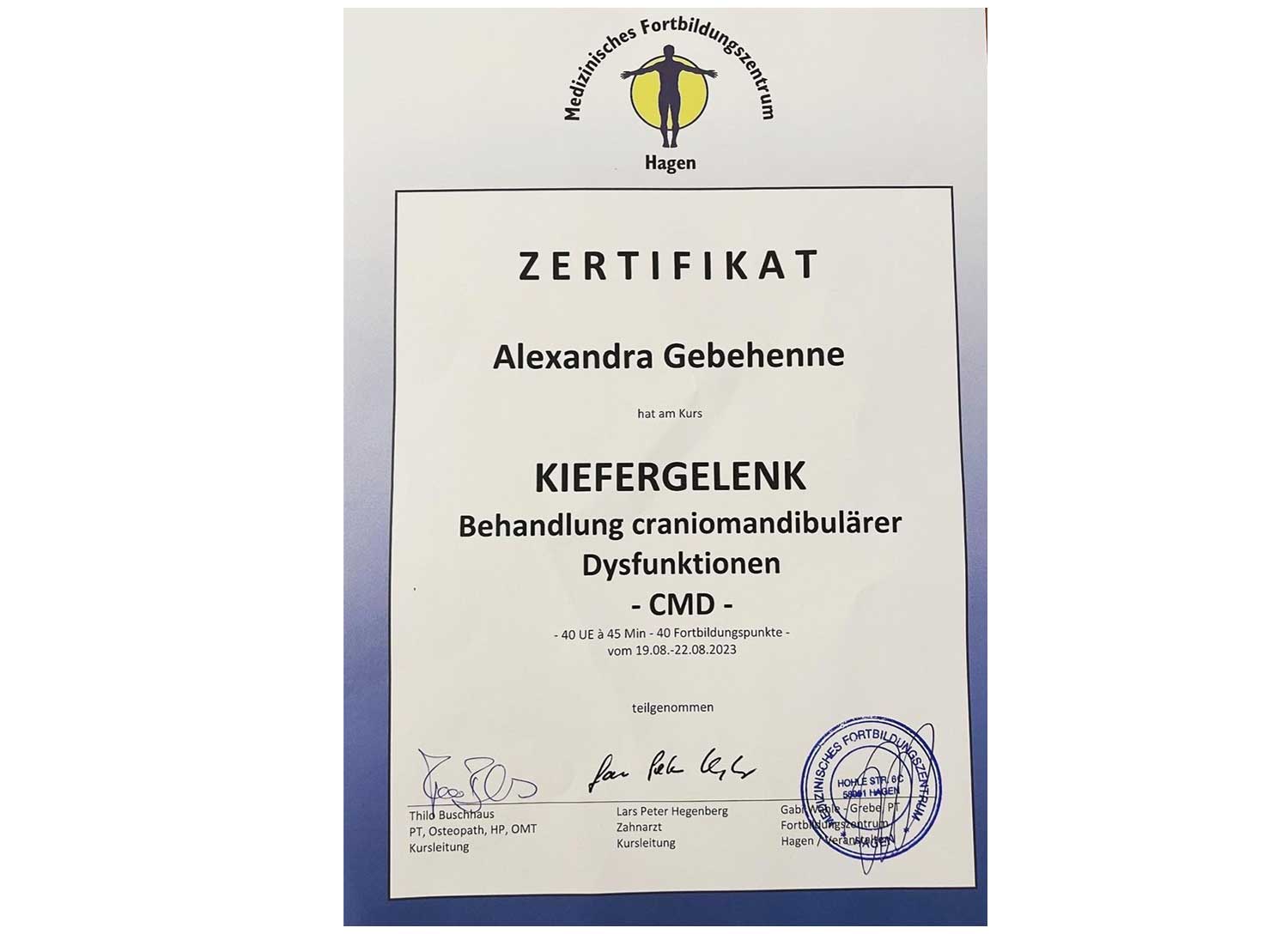  Zertifikate unserer CMD Fortbildung Team Physiotherapie Gebehenne